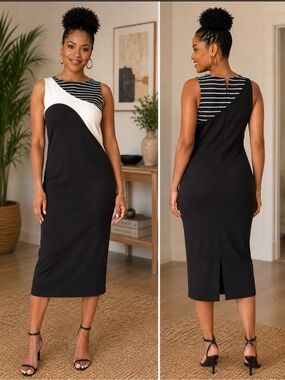 Cesar Galindo Sleeveless Black & White Colorblock Sheath Dress